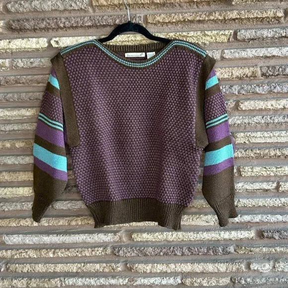 Vintage 90s Jason Maxwell Purple Brown Popcorn Knit Striped Sleeves Sweater - Picture 5 of 6